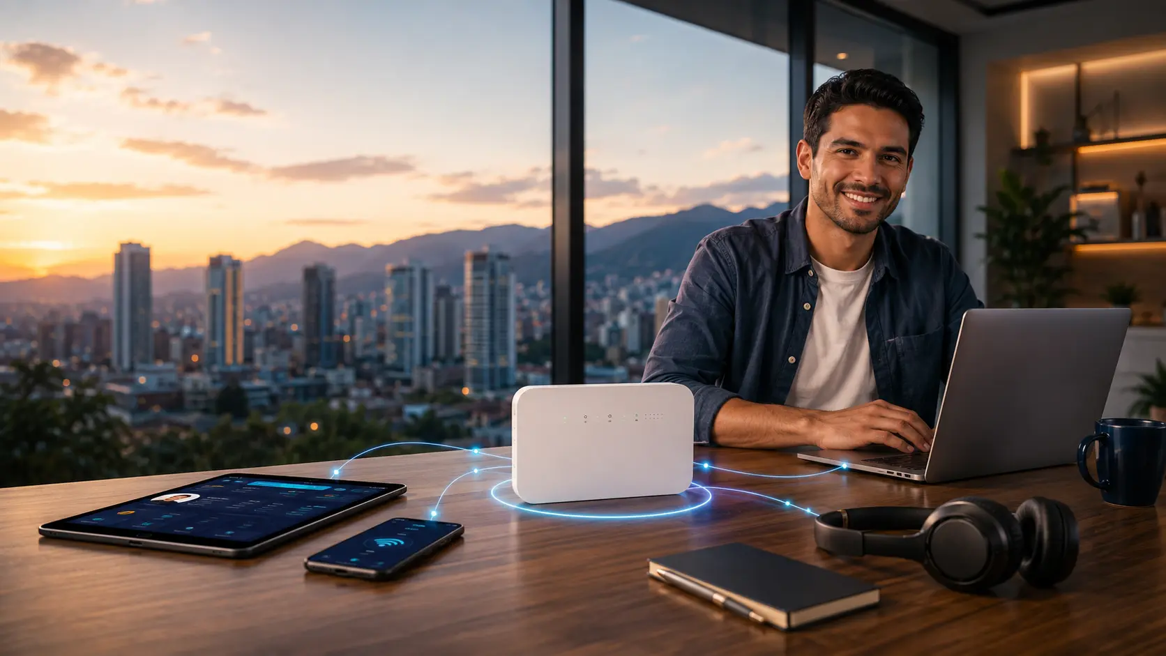 Hombre trabajando desde casa en Bogotá con módem WiFi 4G/5G portátil de Movilnet Colombia